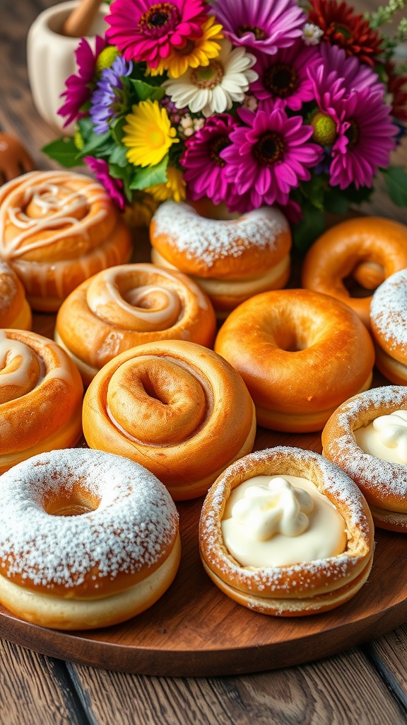 Delicious and Soft Dough Desserts An array of soft dough desserts including cinnamon rolls, doughnuts, and pastries on a rustic wooden table.